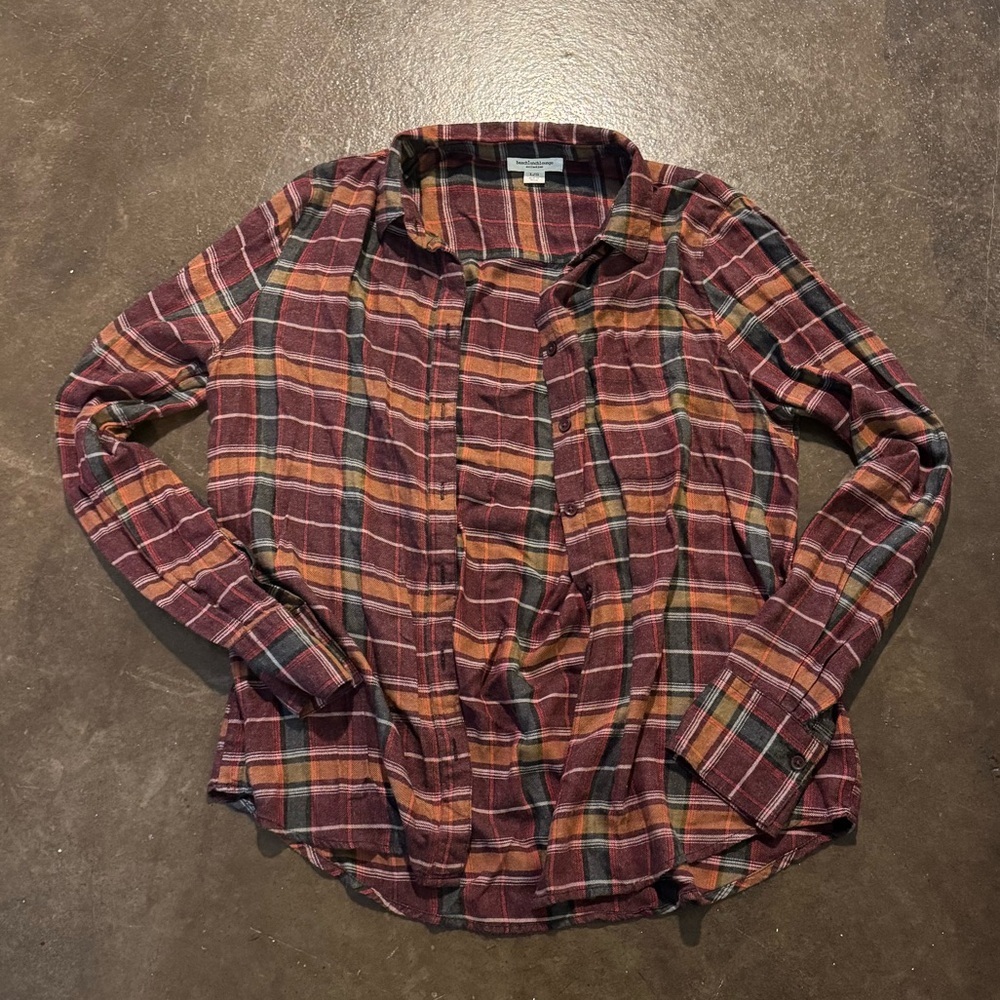 Beachlunchlounge Flannel Shirt Maroon, Orange and Black Plaid Long Sleeve